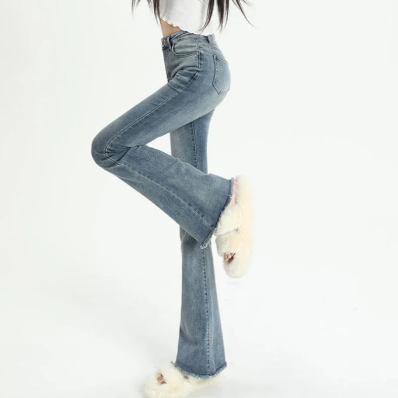 

Тонкие расклешенные джинсы, женские элегантные джинсовые брюки с высокой талией, винтажная повседневная уличная одежда, рваный дизайн, шикарный модный Harajuku, весенняя новинка