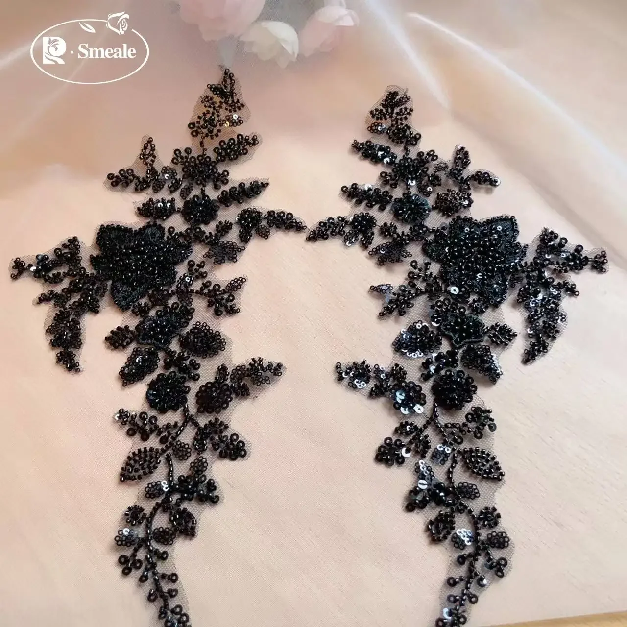 17*33CM, 10-farbige Perlen-Pailletten-3D-Blumenspiegel-Applikation. Abendkleid aus Spitzenstoff. Produktionsmaterial für Aufnäher, Dekoration, Kleidung – Detail 4