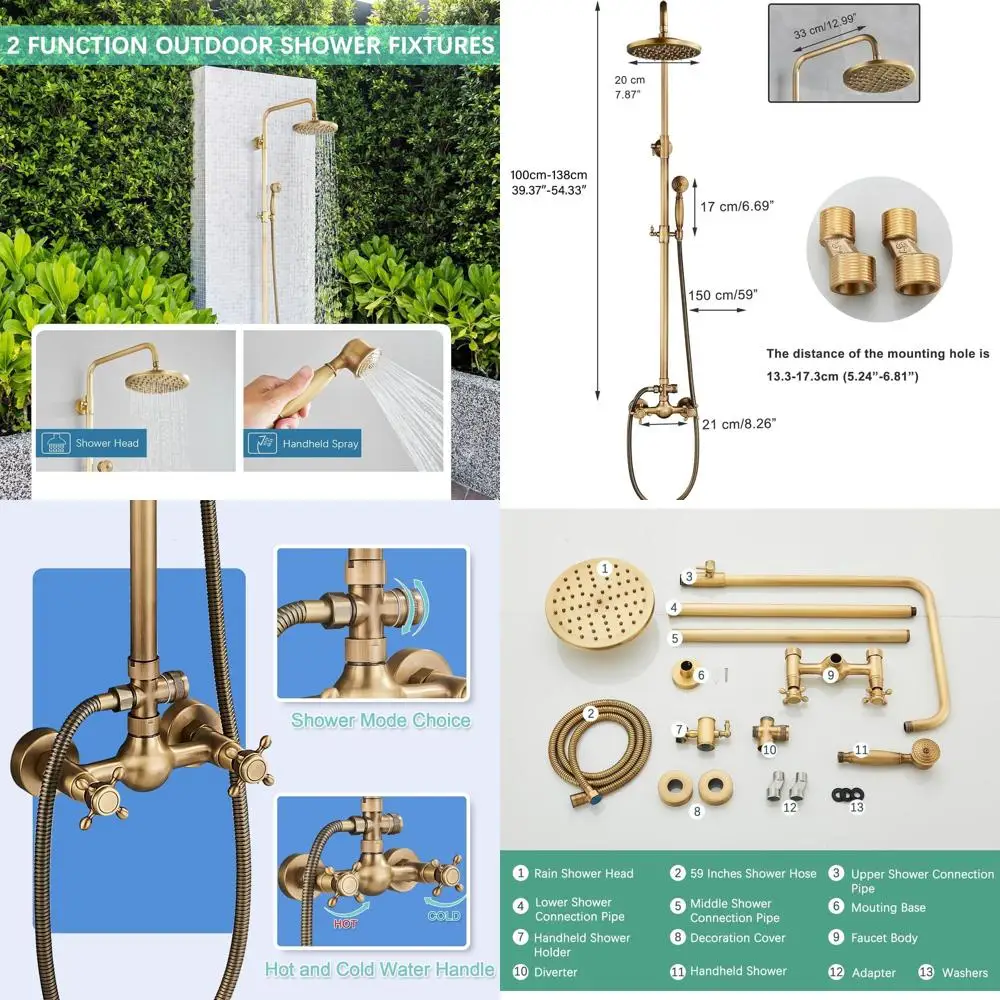 

8 Rainfall Shower System with Handheld Spray, Cross Handles, Solid Brass Fixture for Outdoor Baths