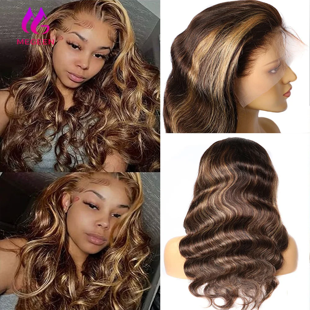 Megeen-Perruque Lace Front Wig Body Wave brésilienne 100% naturelle, reflets blond miel, 13 tage, P4/27, pre-plucked