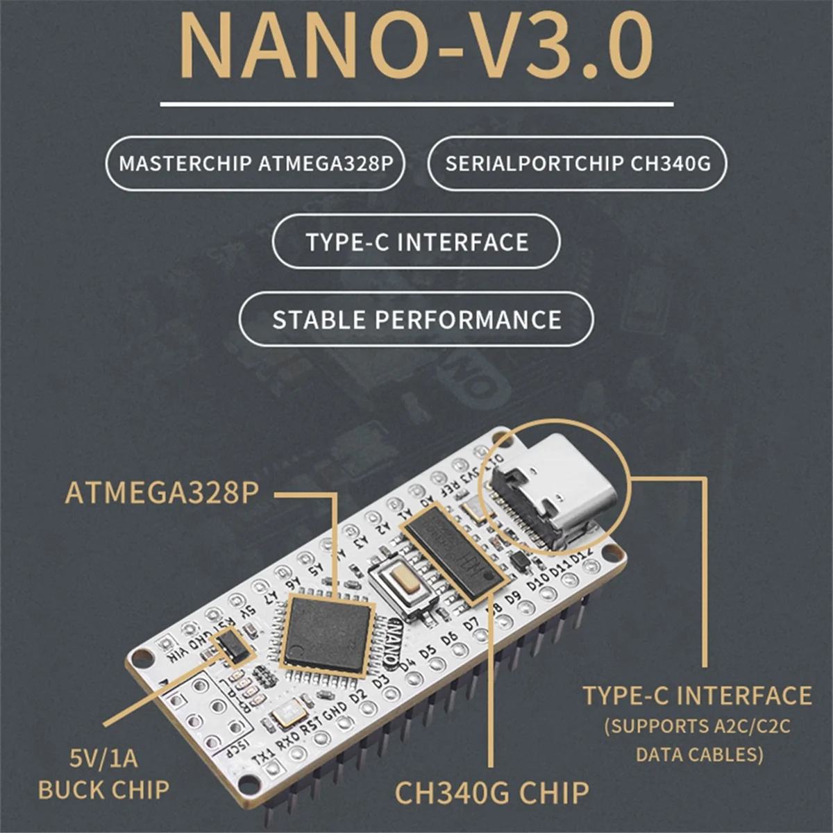 Improved Atmega328P Development Board Type-C Interface Compatible with for Arduino Nano V3.0 CH340G, White B