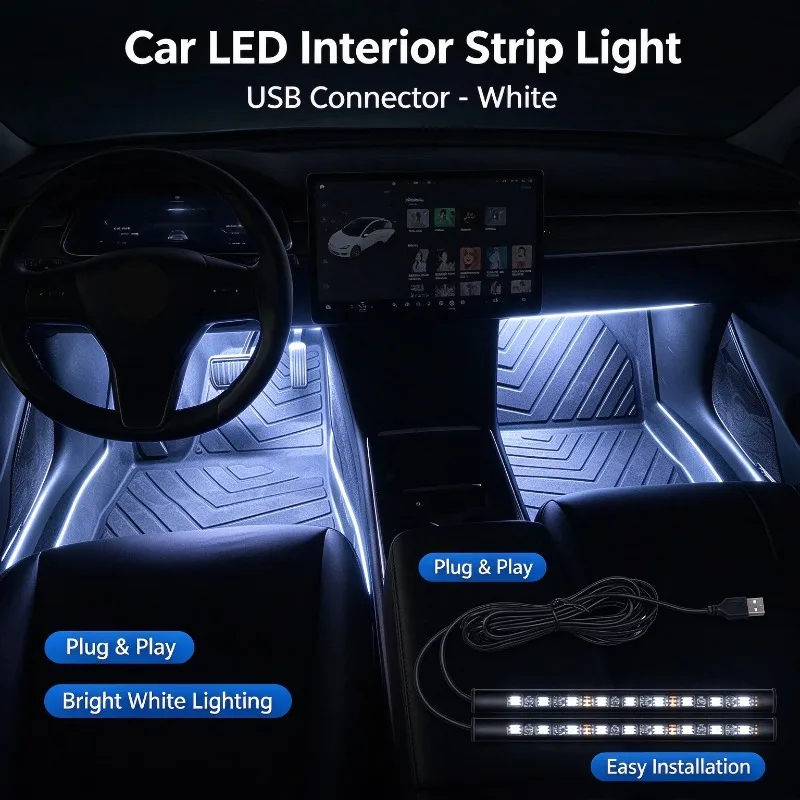 Car LED Interior Strip Light Bright White USB Plug Play Footwell Atmosphere Lamp Easy Installation Accessories 17 cm