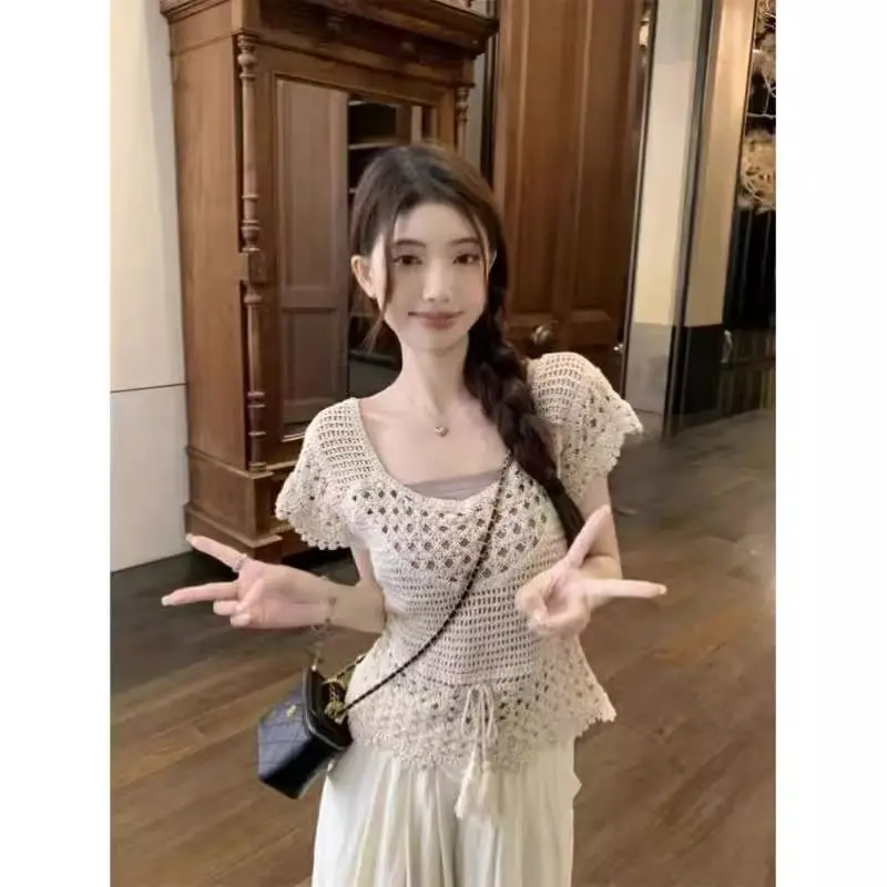 Summer Crochet Tops With Drawstring Waist Fly Sleeves Hollow-out Knit Crop Top Lace Blouse Women