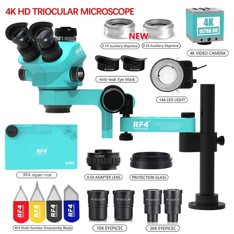 RF4 Trinocular Stereo Microscope Set 7-50X 360 ° Rotation Articulating Arm Stands with144LED Ring Light for PCB Sodering Repari