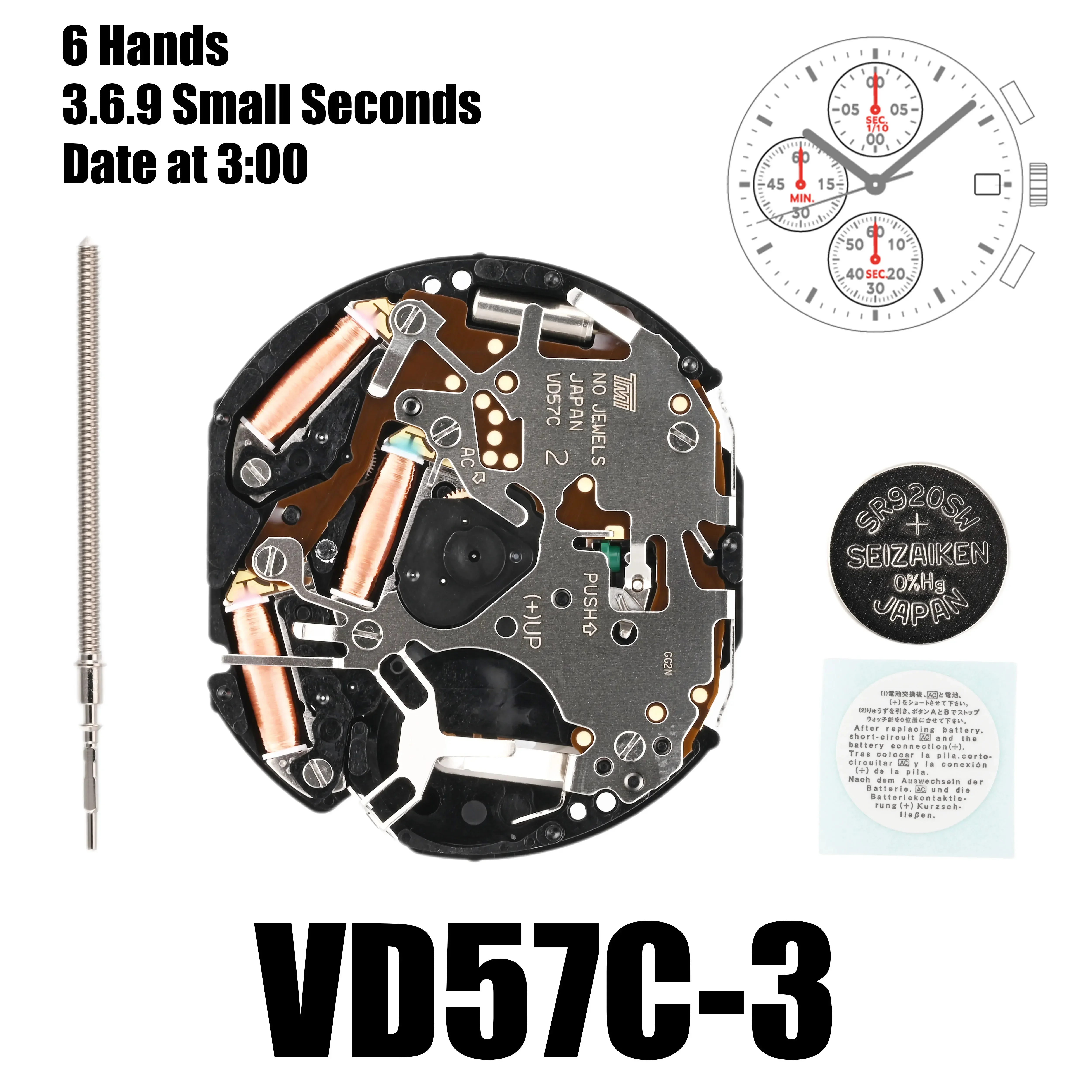 VD57 Movement VD57C Quartz Movement 6 Hands 6/9/12 Small Seconds Japanese New Original Watch Movement Accessories