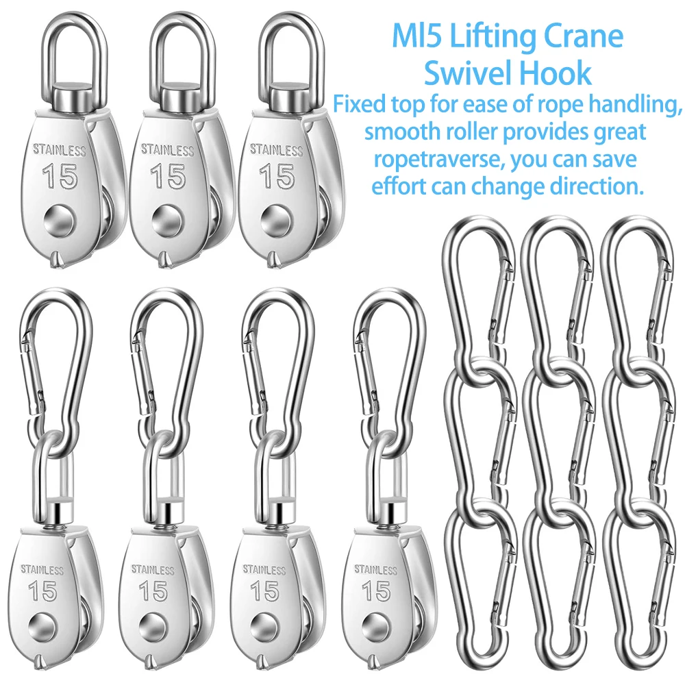 304 Stainless Steel M15 Single Pulley Block Wire Rope Hanging Wire Towing Wheel with Spring Snap Hook with 360° Rotation