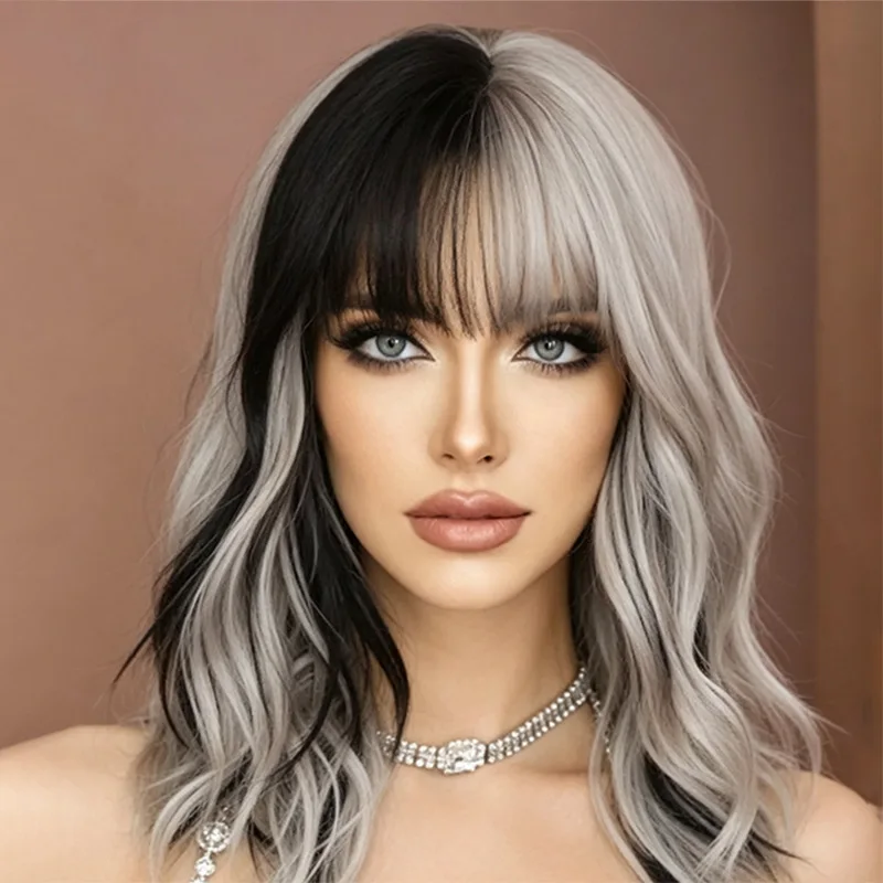 Women's silver-grey-pink gradient medium-long curly , full-head realistic TikTok wig wholesale, wigs for girls to look beauti
