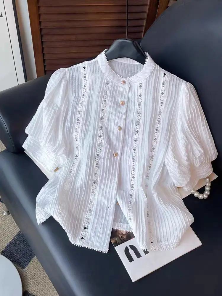 

Женская вышитая ажурная блузка с рукавами-фонариками, повседневная свободная летняя модная блузка премиум-класса из смесового хлопка и полиэстера