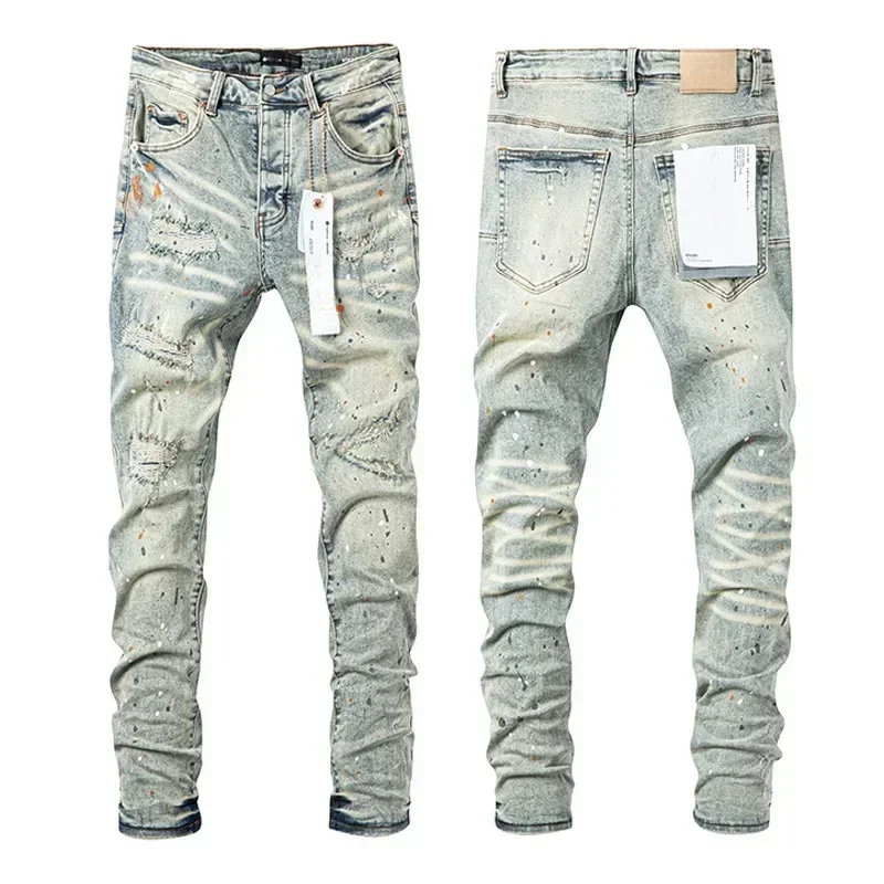 

2024 Top quality Purples Men brand jeans trend hole dirty washed straight American Stylish and slim pants