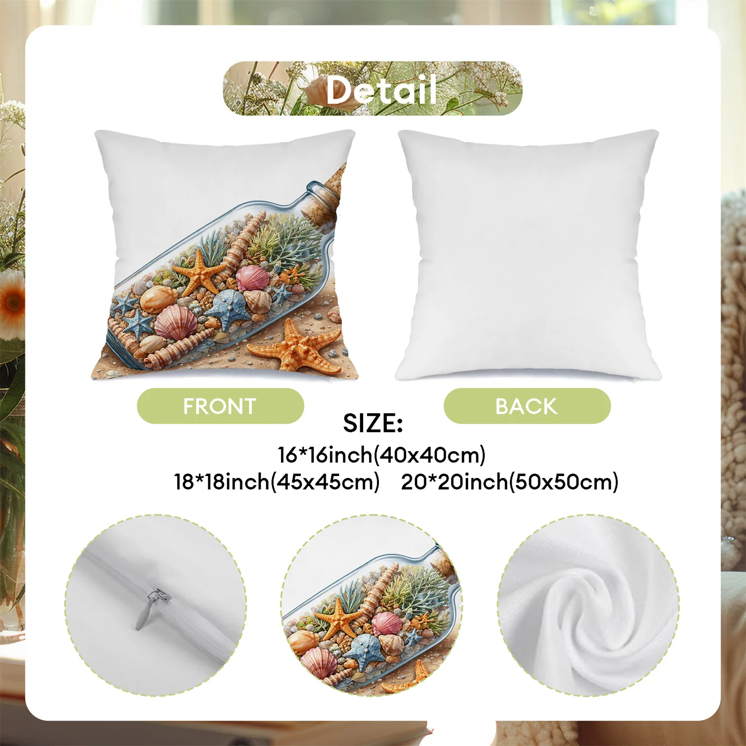 Coastal Beach Pillow Covers, Message in a Bottle Seashell Starfish Art Decorative Throw Pillow Cases, Nautical Ocean Home Decor