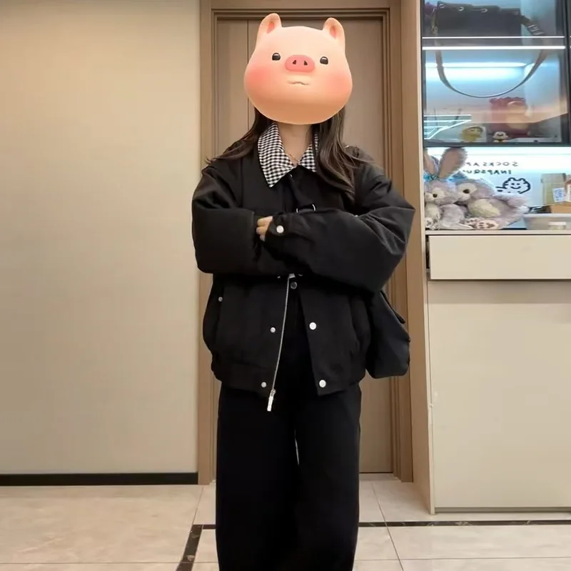 

Baseball Jackets Grey With White Sleeves Womens Winter Warm Preppy Sherpa Full-Zip Elastic Fur-Collar Anti-Freezing Thermal Chic