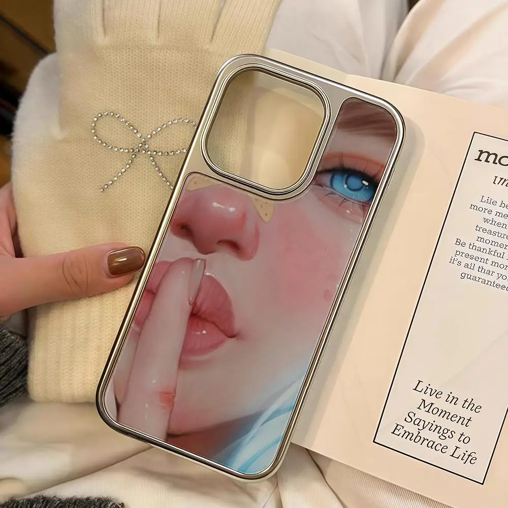 

Ins Woman Girls Phone Case For iPhone 16 15 14 13 12 11 Pro Max Plus HD Magsafe Metal Frame Carbon Fiber Hard Shell