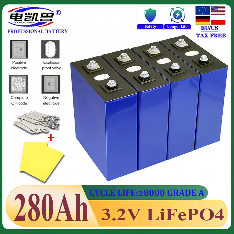 

New LiFePO4 280Ah 3.2V Battery Cell Grade A 6000+ Cycles Free Busbar Real Test 295Ah For DIY 12V 24V 48V Lithium Battery Pack