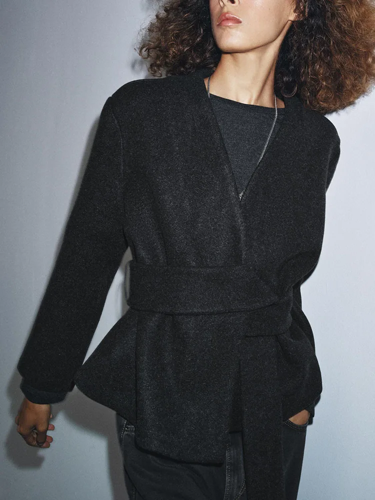 معطف نسائي أنيق وناعم مع حزام، إصدار جديد لشتاء 2025، أزياء نسائية عصرية بياقة على شكل V وأكمام طويلة للسيدات #2