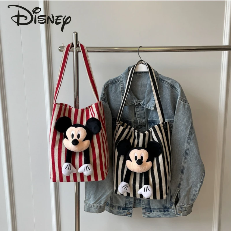 Disney Mickey Women\'s Handbag Fashion High Quality Girls\' Commuter Bag Cartoon Stripe Large Capacity Women\'s Shopping Bag