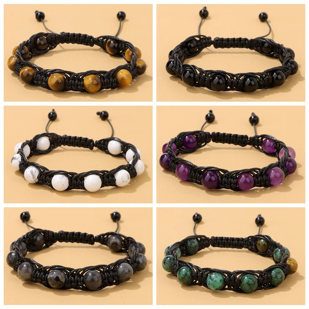 Doğal Taş Örgülü Bilezik 8mm Yuvarlak Boncuk El Yapımı Bilezikler Ametist Kaplan Gözü Siyah Balmumu Hattı Dokuma Bilezik Erkek Kadın