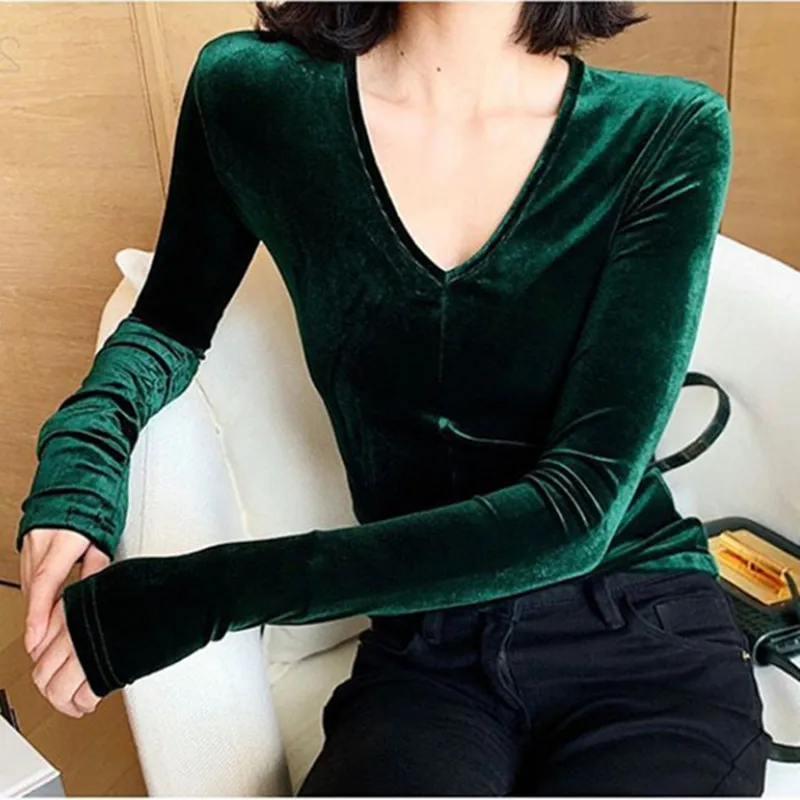 Women Spring V-Neck Velvet Shirts Casual Long Sleeves Tops Slim Fit Shirt Female Fall Clothing 2025 Wine Green Blue Purple