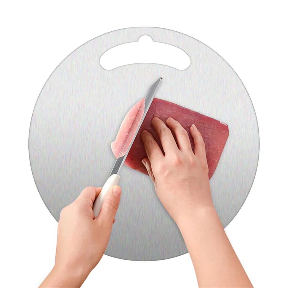 Steel Chopping Board for Kitchen Stainless Dough Rolling Board Double-Sided Round Steak Thawing Metal Board+Handle 40cm