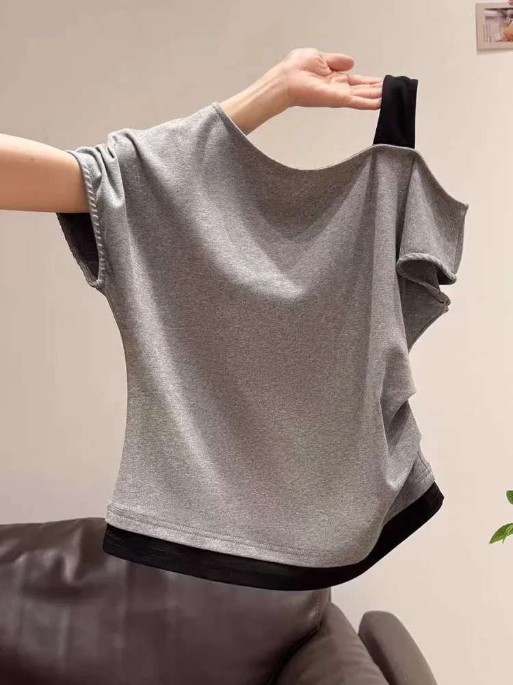 

Outlet American Hot Girl Diagonal Shoulder Fake Two-Piece Short Sleeve T-Shirt Women's Slimming Loose Top Korean Style Commute