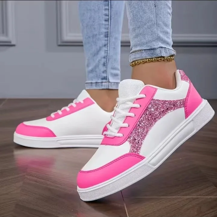 Women Glitter Skate Shoes Pink White Color Matching Sneakers Fashion Lace-up Casual Flat Walking Shoes Ladies Daily Streetwear F view 5