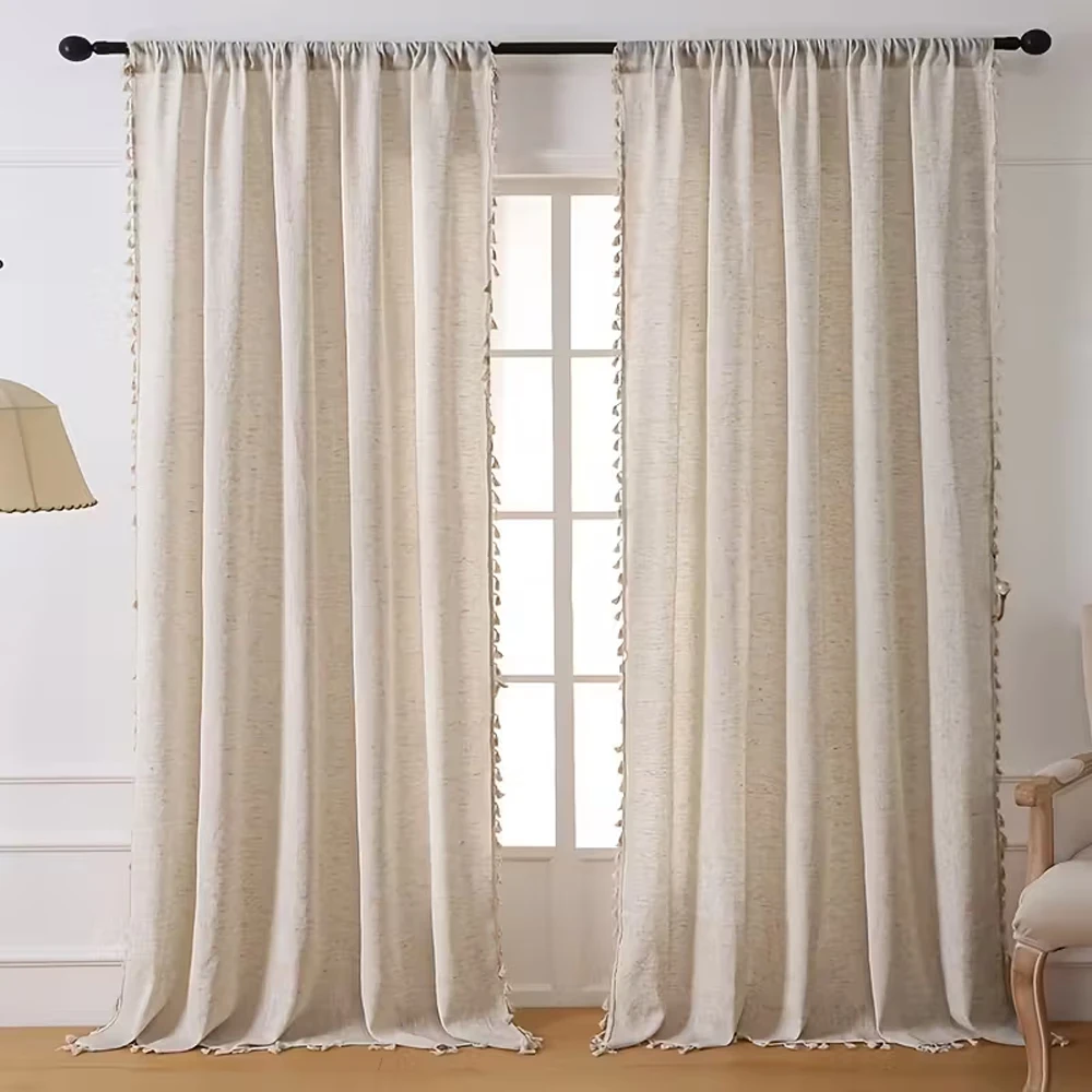 1 Cortina de Lino con Flecos de Estilo Nórdico, Algodón y Cáñamo Naturales, Flecos Ligeros, Perfecta para Dormitorio