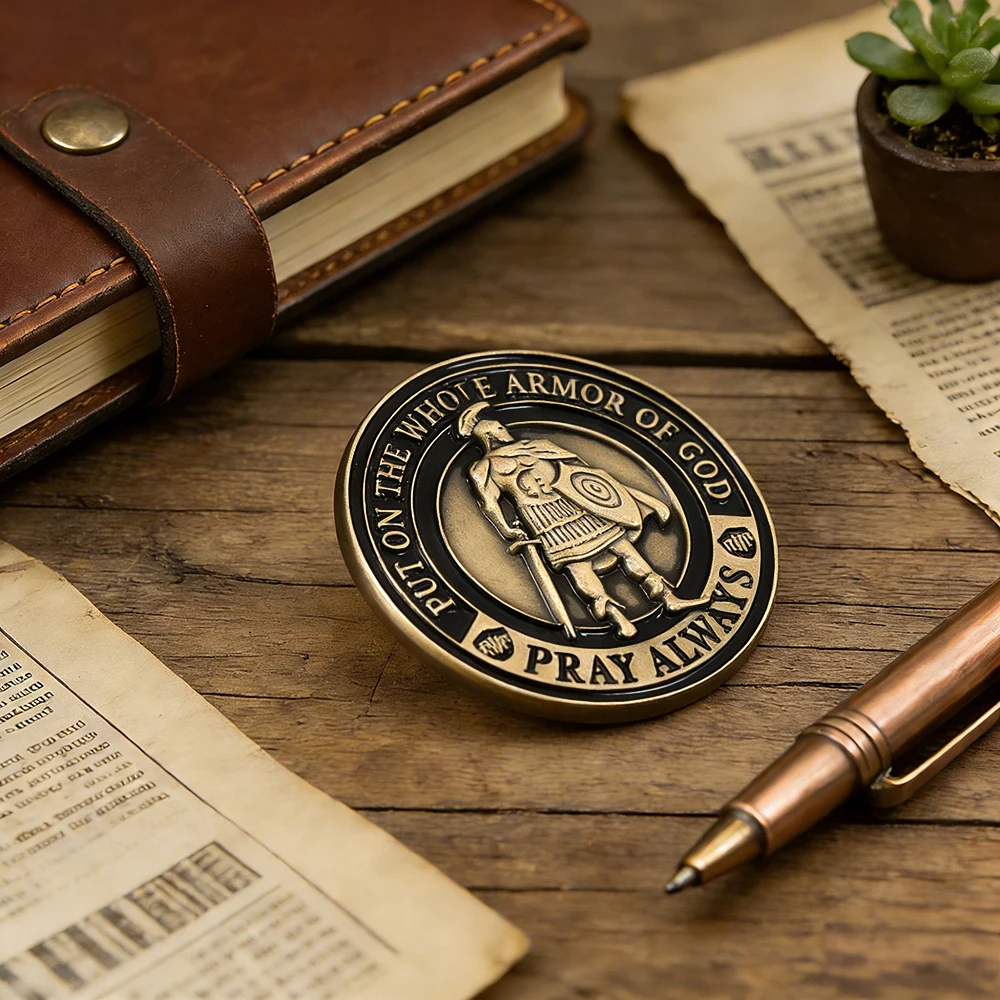 Zieht die ganze Rüstung Gottes an Emaille-Pin Bete immer Römische Soldaten Brosche Gedenkabzeichen Geschenke Bibel Epheser – Detail 5