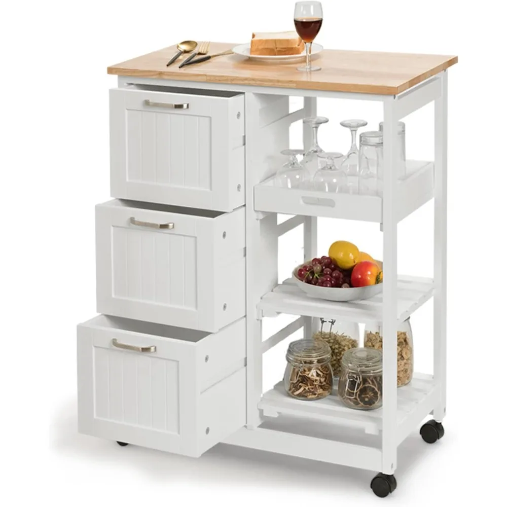 

Storage Rack Trolley,3-shelf Rolling Storage Cabinet Kitchen Island Cart, Home Bar Serving Cart with 3 Large Drawers (white)