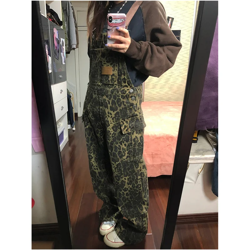 Overalls Pants Women's Suspender Jeans Spring Plus Size Streetwear Baggy Pants Vintage Leopard Print Mom Denim Braces Trouser