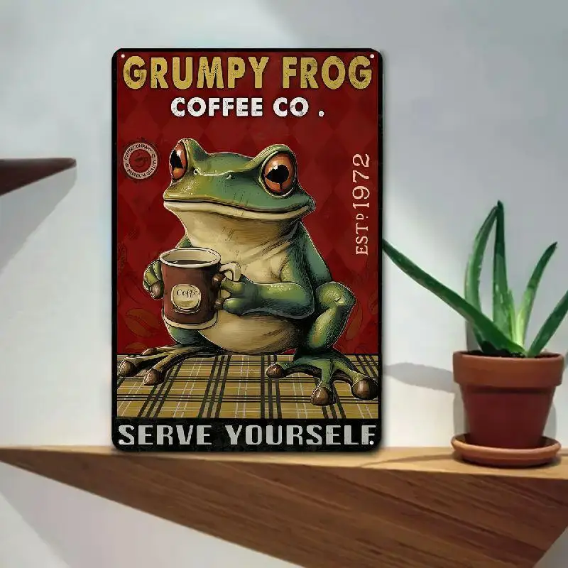 2D Vintage Grumpy Frog Coffee Co. Metal Wall Decor Sign Home, or Garden - Classic Wall-Mounted Decoration with Coffee Cup Design
