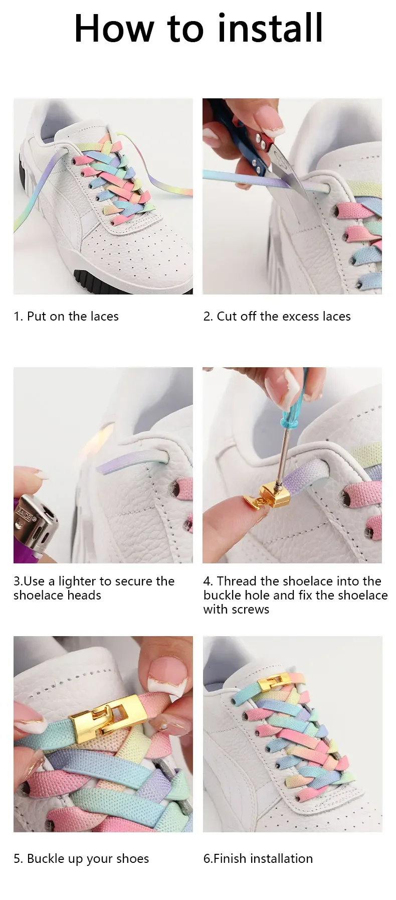 1 Paar flache Schnürsenkel mit Regenbogen-Farbverlauf und Metallschnalle, elastische Schnürsenkel ohne Binden für Sneaker, Schuhzubehör – Detail 7