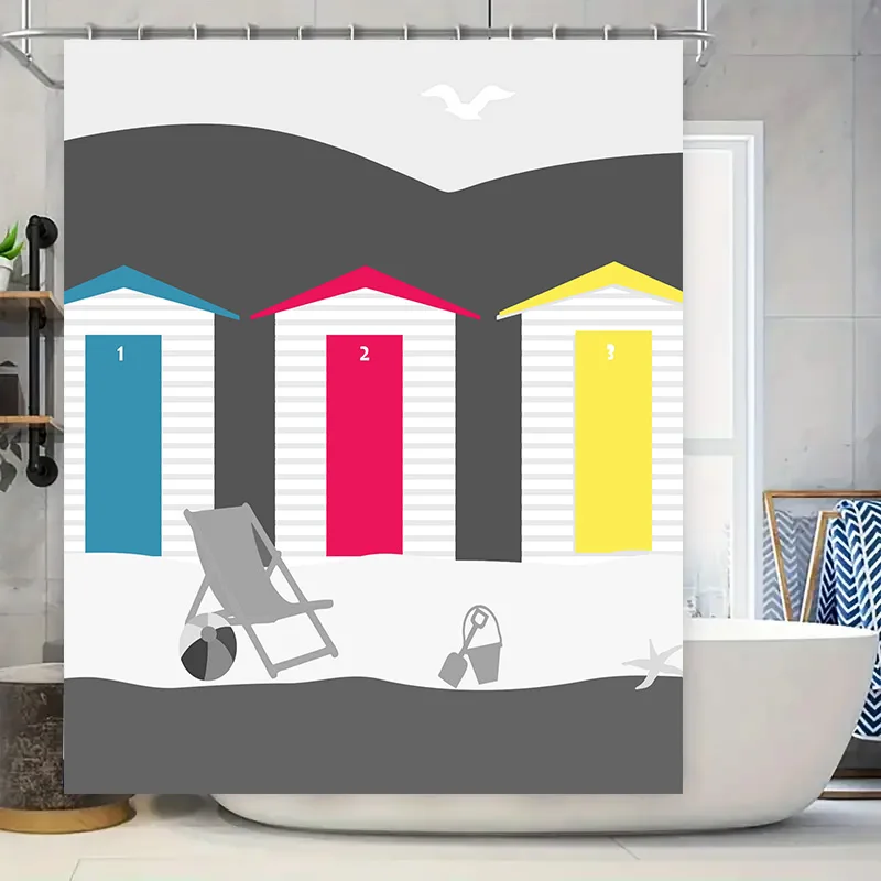 

Занавеска для душа Beach Hut, водонепроницаемое настенное покрытие для декора ванной комнаты, доступны синие, красные, желтые цвета (48x72 дюйма)