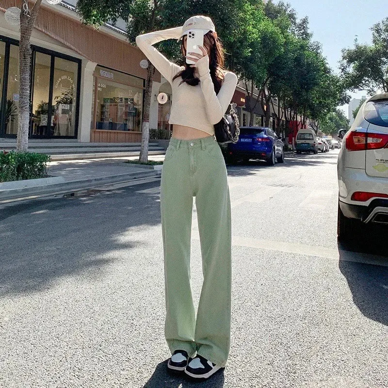 Candy Color Wide Leg Jeans Women's High Waist Slim Straight Pants Fashion Loose All-match Denim Trousers 2023 Summer New