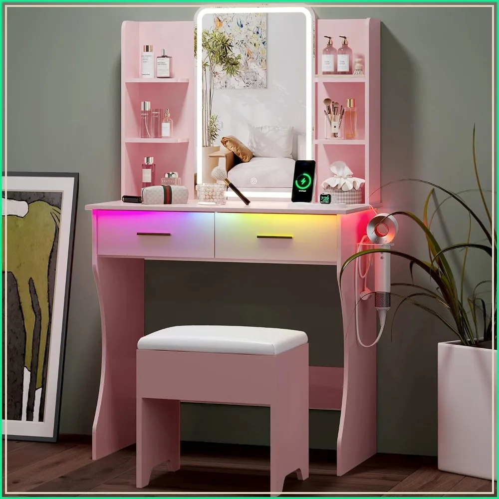 Small Pink Vanity Desk with Lighted Mirror, Chair and 3 Adjustable LED Lights for Makeup