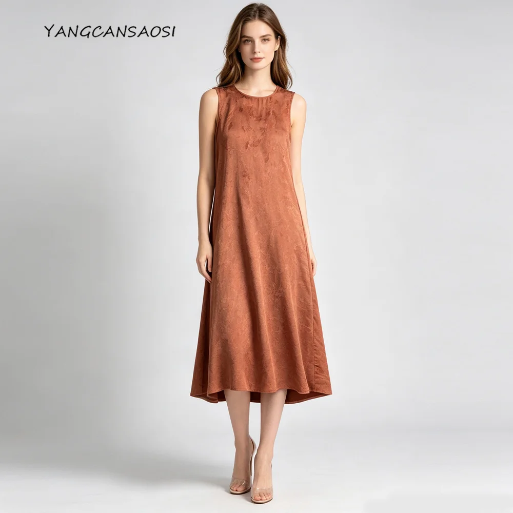Deep Orange Tie Dye Vacation Style 100% Natural Mulberry Silk Jacquard Gambiered Guangdong Gauze Round Neck Straight Tube Dress