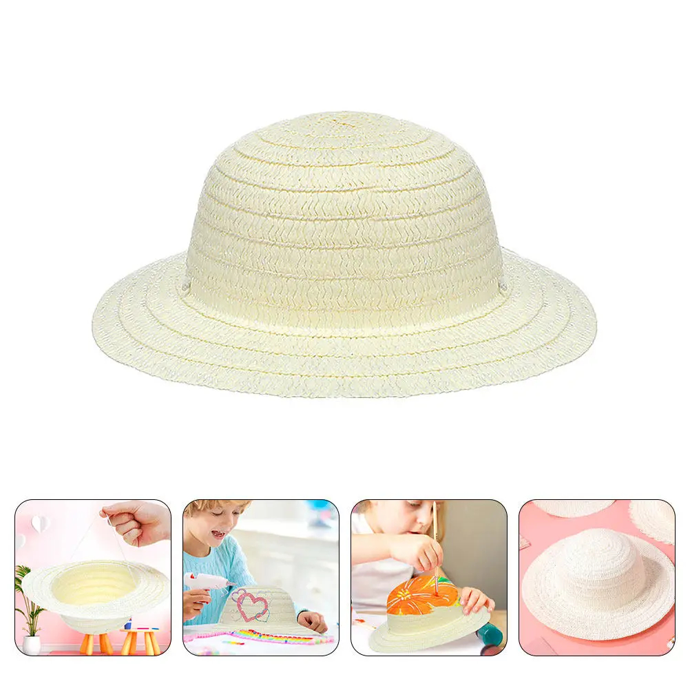 8Pcs DIY Kids Straw Hats White Blank Caps for Painting Crafts Creative Art Activities Party Supplies Handmade Hats