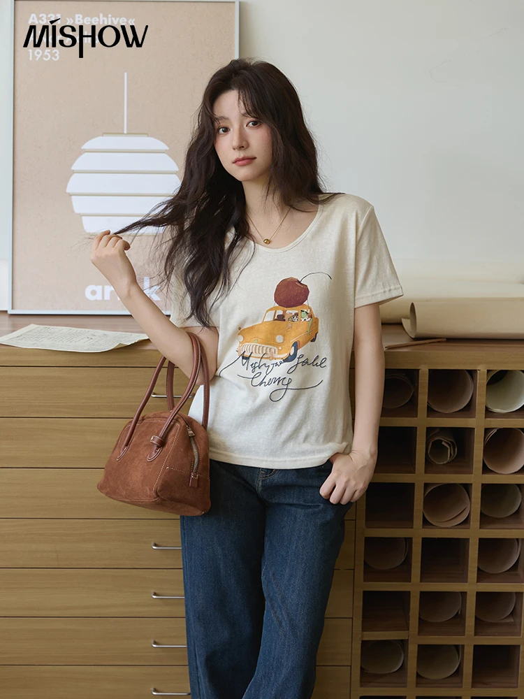 MISHOW Apricot Retro พิมพ์เสื้อยืดผู้หญิง 2025 ฤดูร้อน V คอรถยนต์เชอร์รี่พิมพ์ TOP Casaul รอบคอ Tees MXE41T0691