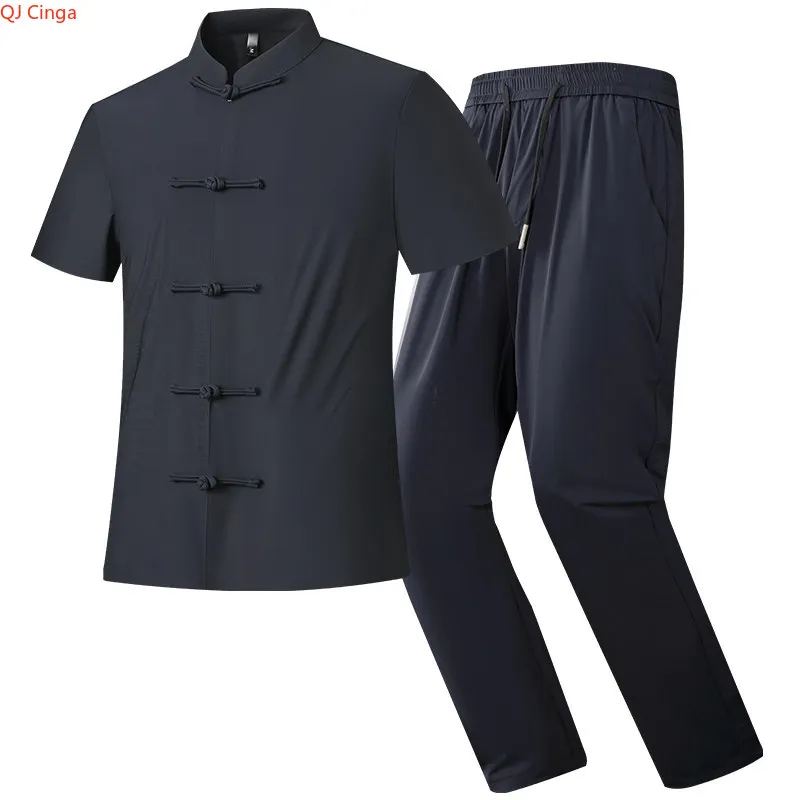 Men's Blue Two-piece Summer Set Featuring A Chinese-style Single-breasted Short-sleeve Stretch Shirt Paired with Matching Pants