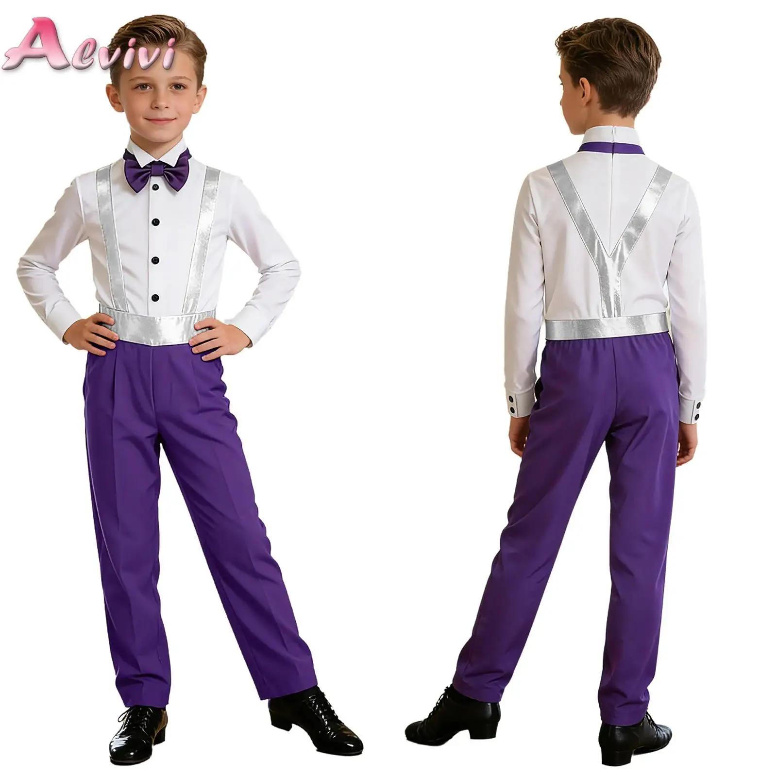 Kids Boys Latin Dance Jumpsuit Bow Tie Long Sleeve Metallic Bodysuit for Jazz Salsa Tango Ballroom Dance Performance Competition