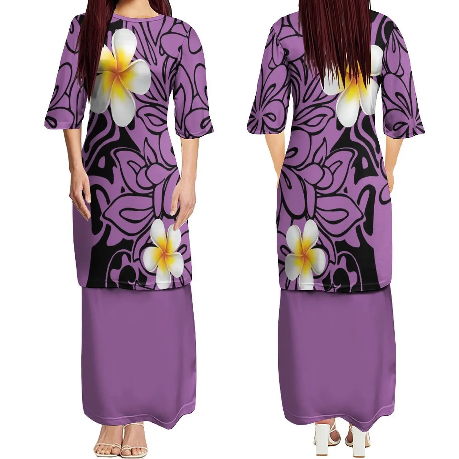 2024 Samoa Crew-Neck Women'S Mid-Sleeve Dress puletasi Top And Long Skirt Suit Polynesian Island-Style Clothing