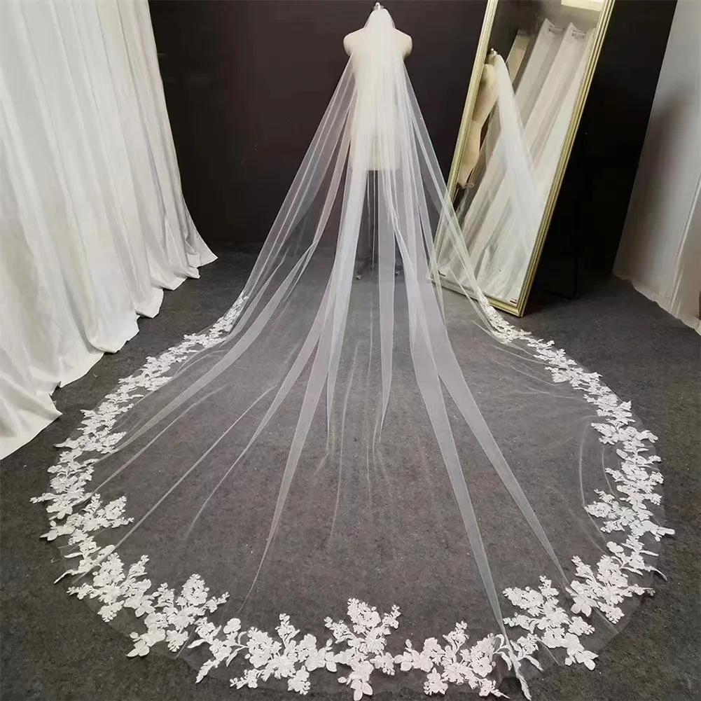 

White Ivory Long 3 M Bridal Veils Appliques Wedding Veils Tull Lace Veil Vestido De Noiva Wedding Accessories Hot Selling
