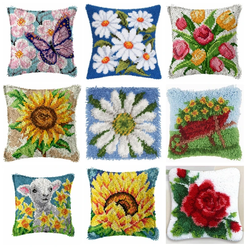 DIY Plant Series Style Latch Hook Kit Pillowcase Knot Pillow Package Flower Latch Hook Kit Set For Needlework Embroidery Cushion