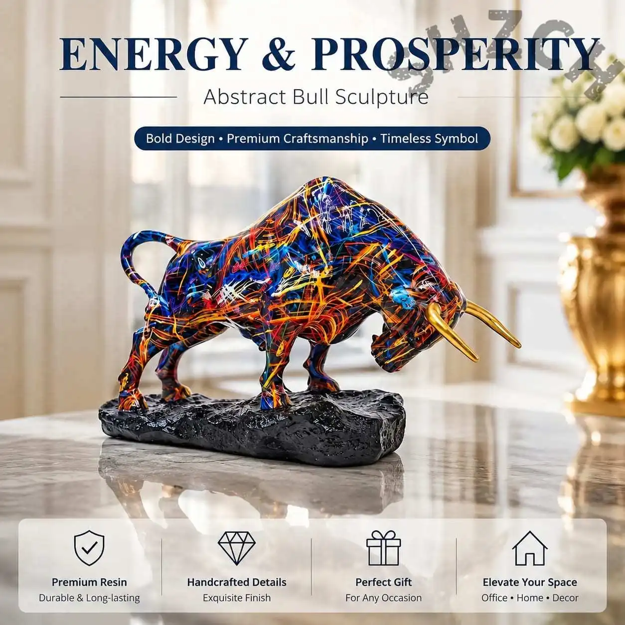 Bronze-Style Resin Bull Statue – Wall Street Themed Home and Office Decor