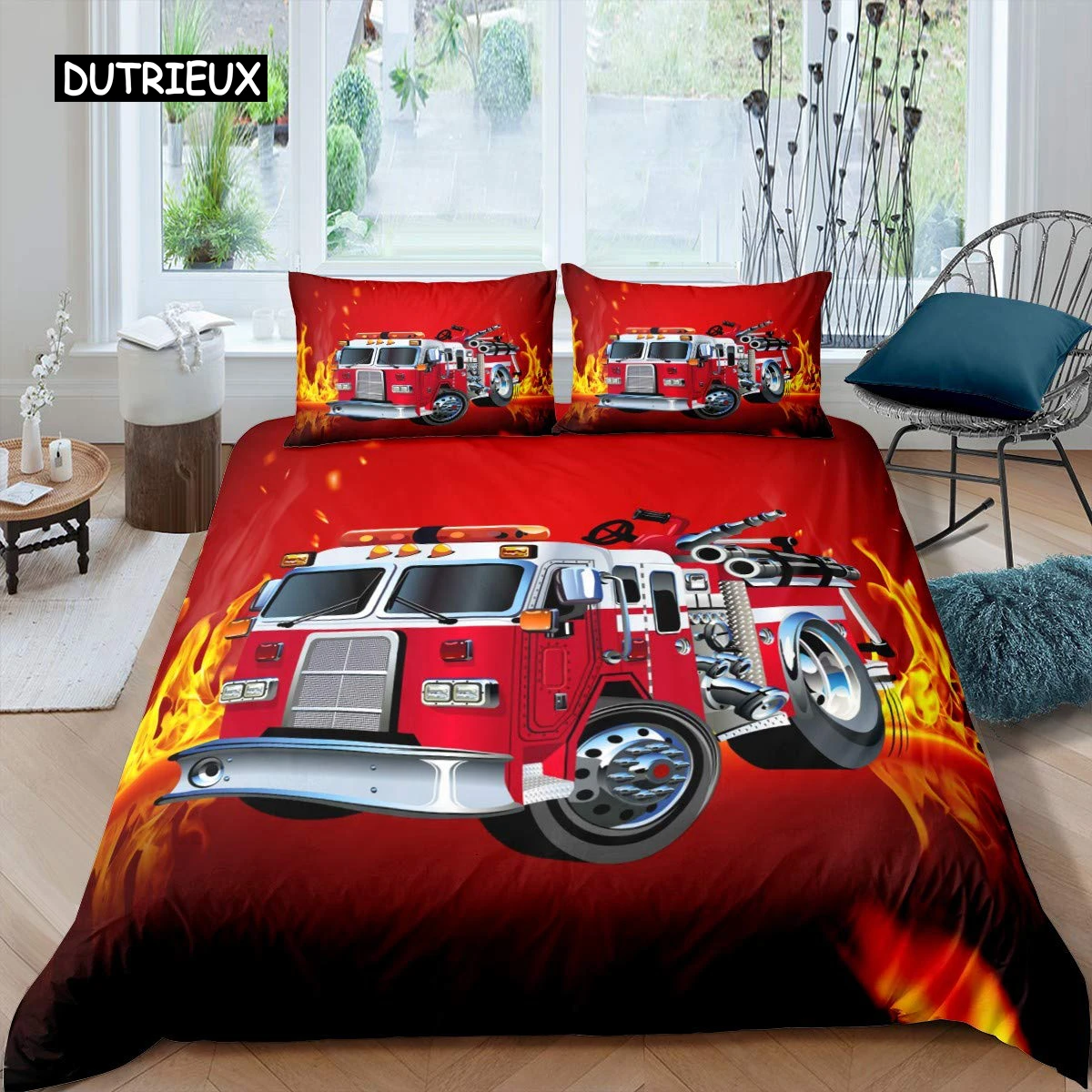 

Firefighter Truck Duvet Cover Set Kids Firemen Car Vehicle Bedding Set for Boys Fire Engine Pattern King Size Comforter Cover