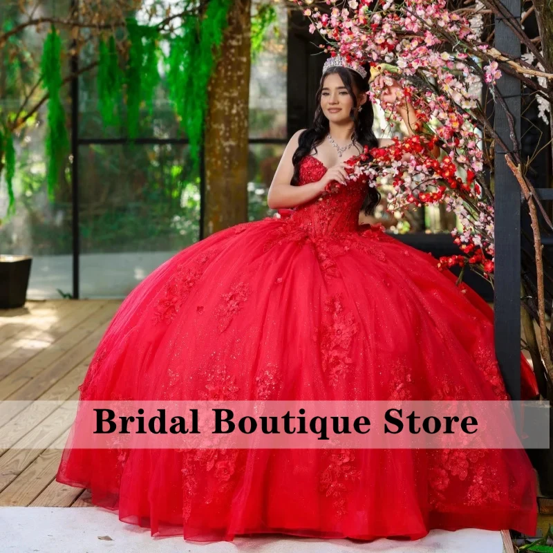

Red Quinceanera Dress off-shoulder Sequins 3D Flower Decal Long tail Big Bow vestidos de 15 Quinceanera ﻿Customize