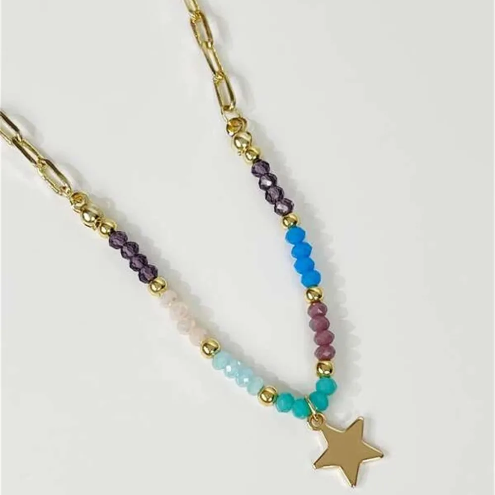 Vintage Fashion Gold-plate Punk Color Bead Chain Star Pendant Necklace For Women Female Boho Choker Jewelry Girl Gift Wholesale