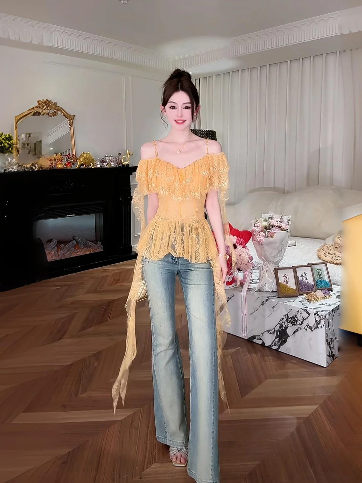 

Джинсы-клеш с высокой талией, украшенные стразами, тонкие, в ретро-стиле, цветные, удлиняющие ноги, женские, летние, новинка, из смесового хлопка