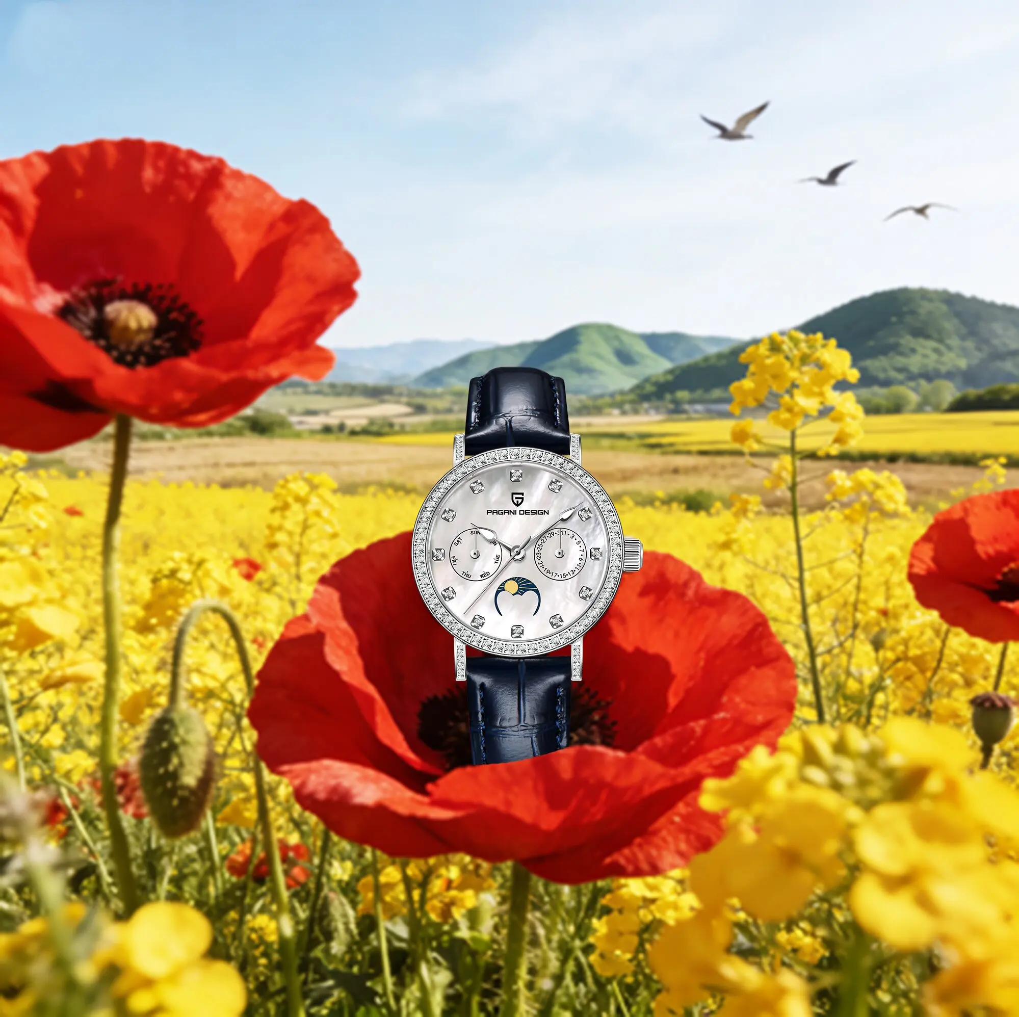 PAGANI DESIGN Trend Ladies Quartz Watch Fashion All-Match Sapphire Watch Mirror Moon Phase Weekly Display Calendar Diving Watch