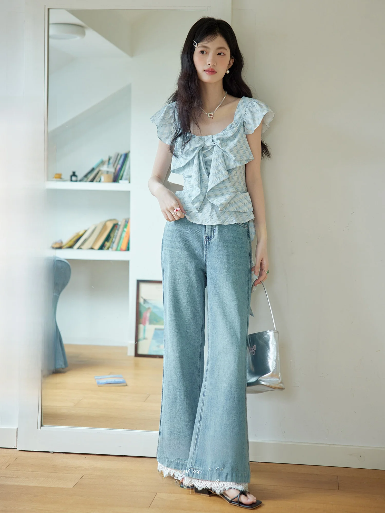 

ORWhite Vintage Plaid Women's irt Summer ort Sve V-Ne Design Cloud Feeling Fabric Fly Sve Slim Fit Regular Length