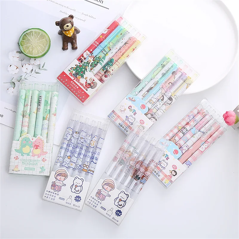 6 Pieces/Box Black Ink Retractable Gel Pens 0.5mm Kawaii Cartoon Quick-Dry for Studens Writing Office School Stationery Gifts