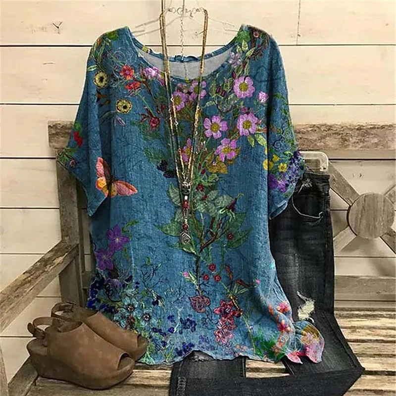 

Women O-Neck T-Shirts Retro Floral Prints Casual Pullover Loose Short Sleeves Oversized Tee Shirt Female Fashion Clothing Summer